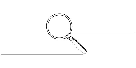 One continuous line illustration of magnifying glass. Continuous line drawing of magnifying glass lens.
Magnifying glass search symbol isolated vector illustration, magnifying glass in continuous One.