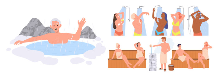 Diverse people cartoon characters taking bath or shower, steaming in sauna isolated set on white