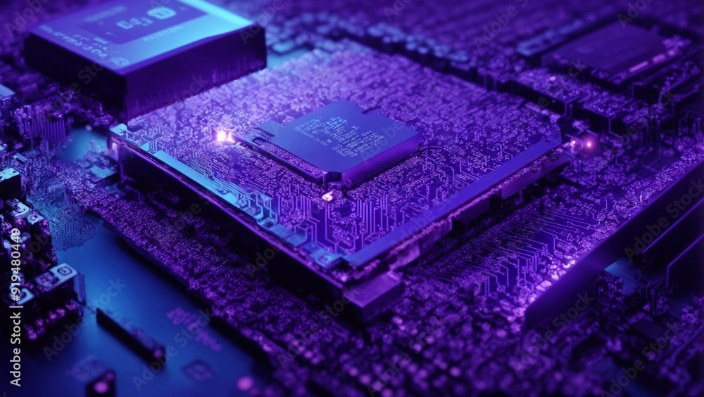 Poster the brain of the machine: a close-up of a cpu bathed in vibrant violet light, highlighting the intri