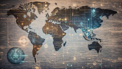 Global Connectivity: A world map rendered on a textured surface, overlaid with intricate networks of data streams and glowing nodes, symbolizing global communication, digital infrastructure, and the i