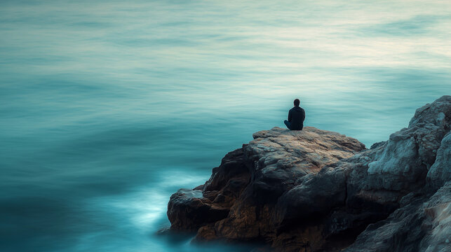 A figure meditates on a cliff's edge, lost in the blur of calm ocean and sky.