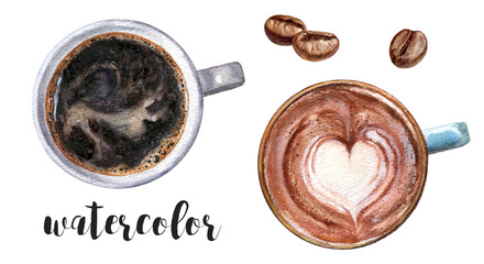 An exquisite Coffee Art Watercolor Illustration top view that beautifully features coffee beans