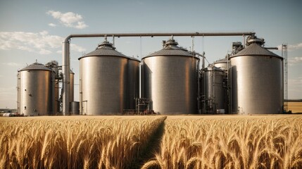 Obraz premium Grain Silos in a Golden Field: A picturesque scene of industrial grain silos standing tall against a backdrop of a vast, sun-drenched wheat field, symbolizing agricultural abundance, productivity, and