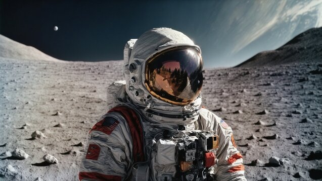 Astronaut on the Moon: A lone figure in a white spacesuit stands on the lunar surface, gazing towards the Earth, a testament to human ambition and exploration.  The vastness of space and the stark bea