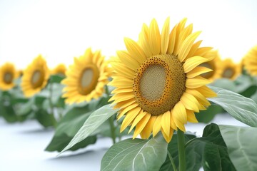 Obraz premium A close-up of vibrant sunflowers in full bloom with lush green leaves against a clear sky. Perfect for nature and floral themed projects.