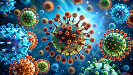 Microscopic View of Viruses: A vibrant and detailed 3D illustration of a virus, capturing its complex structure and intricate details, with a focus on the impact of microscopic life on the human body.