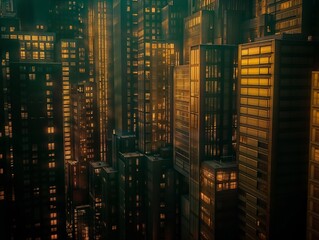 Obraz premium Cityscape at Night with Illuminated Windows in Modern Skyscrapers