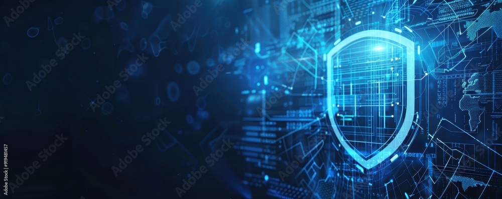 Poster abstract digital security shield on a blue futuristic background representing cybersecurity, data pr