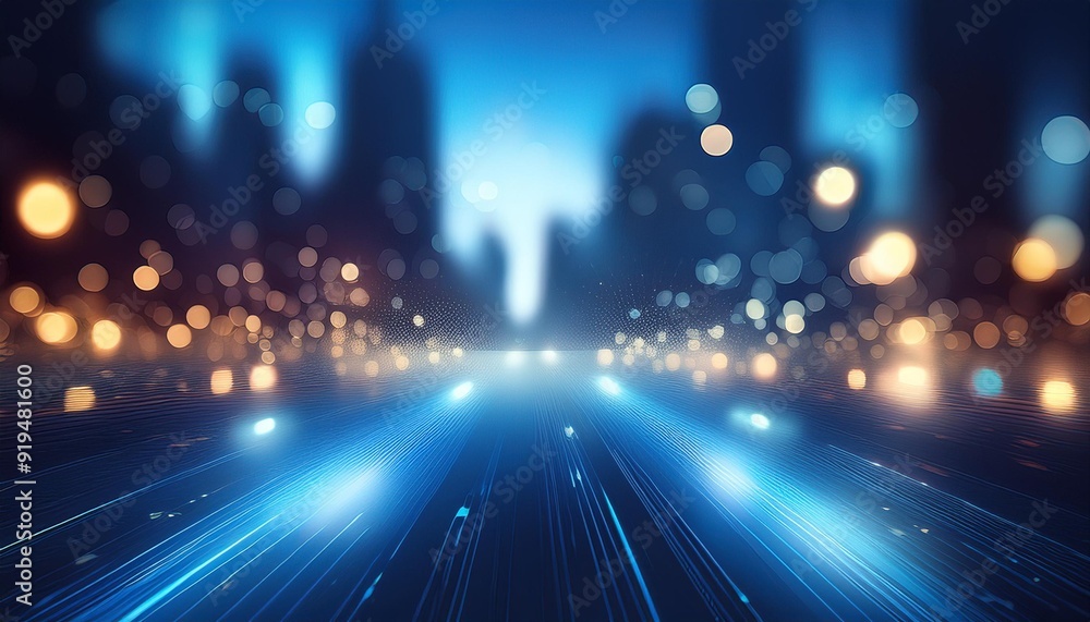 Wall mural abstract blurred blue city lights background scene with soft bokeh.