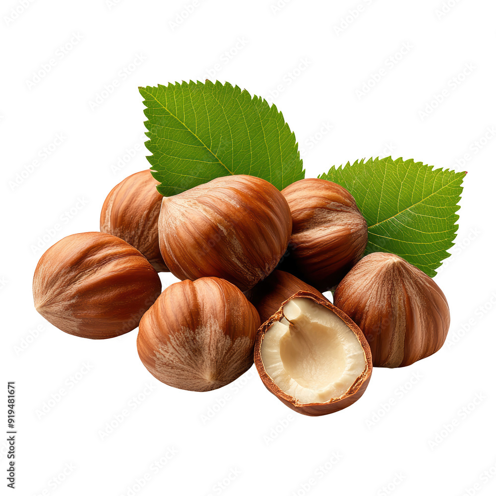 Wall mural fresh hazelnuts with green leaves isolated on a transparent background.