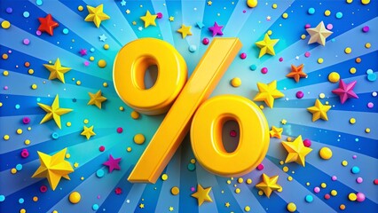 Vibrant pop art illustration of a bright yellow percentage symbol on a bold blue background, surrounded by colorful confetti and stars, celebrating success.