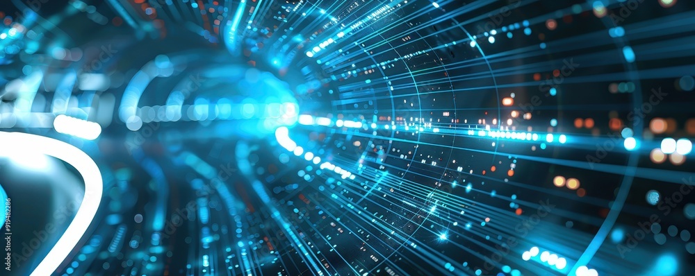 Poster futuristic background with abstract technology, network connections, and glowing data streams in a d
