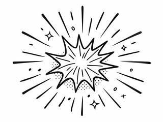 Hand-drawn rays and explosion. Doodle brush ornament lines and surprise symbol. Sun burst, shocked frame, shine starburst elements on white background. Vector set
