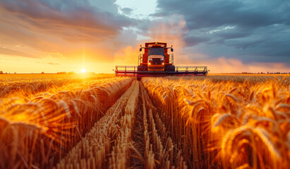 Fototapeta premium Sunset over wheat fields with a combine harvester in action.