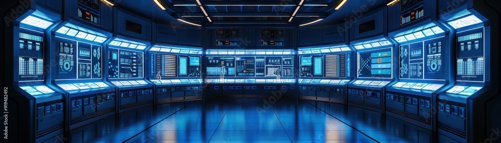 Poster futuristic control room with advanced technology and illuminated interface panels, creating a sci-fi