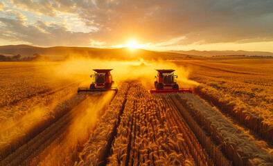 Fototapeta premium Harvesting wheat at sunset over a golden field in summer. Two combines work together in a wheat field