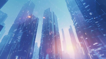 Futuristic cityscape with towering skyscrapers bathed in blue and purple light. Urban skyline with modern architecture at dawn or dusk.