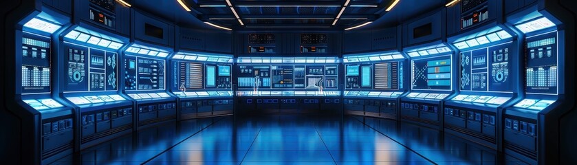 Futuristic control room with advanced technology and illuminated interface panels, creating a sci-fi atmosphere. High-tech, blue-lit workspace.