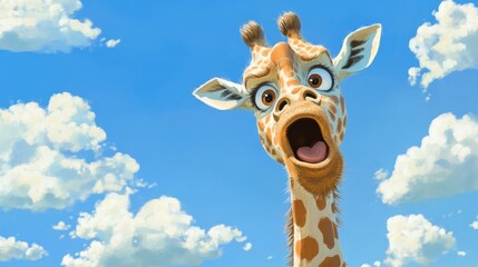 Naklejka premium A giraffe with its mouth wide open is staring at the camera. The sky is blue with some clouds in the background
