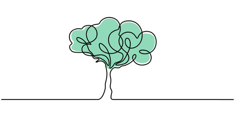 Continuous line drawing of tree on white background, Vector illustration, Continuous one line drawing green tree fertile on white background, trees for decorating gardens, park, forest. Agriculture.