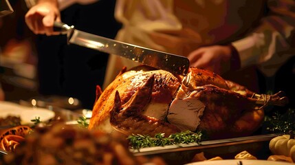 Closeup of a Thanksgiving turkey being carved with family members eagerly waiting to enjoy the feast
