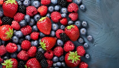 Berries overhead Background. Fresh Summer Berry mix with Strawberry, Raspberry, Red currant, Blueberry and Blackberry, top view.