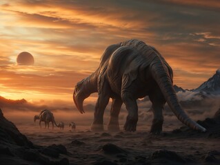Fototapeta premium Prehistoric Dinosaurs Roaming Under Dramatic Sunset with Distant Planet