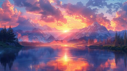 Stunning Sunset Over Mountain Lake with Vibrant Reflections