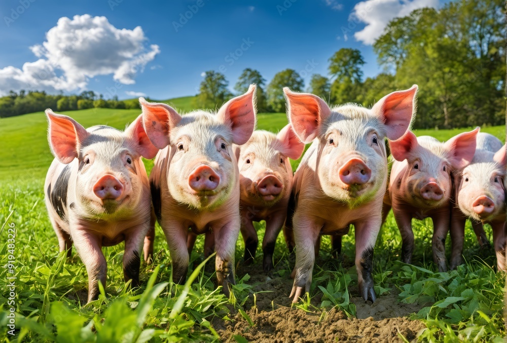 Wall mural A cheerful image of four piglets standing in a lush green field under a bright blue sky. The piglets' curious expressions and natural surroundings make this photo perfect for farm, nature, and animal