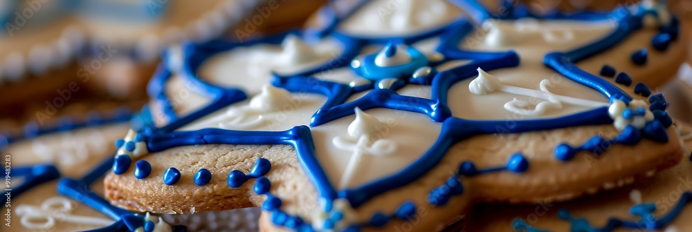 Poster closeup of a star of david cookie decorated with blue and white icing captured using a macro lens wi