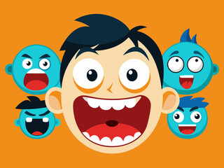 Cartoon face expression. Emotional comic face with eyes, mouths, tongue and teeth. Concept caricature feeling. Happy, sad and angry characters emotions. Vector set
