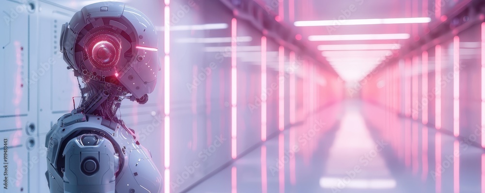 Aufkleber futuristic robot standing in a neon-lit corridor, showcasing advanced technology and artificial inte