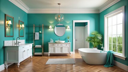 Vibrant turquoise walls and crisp white trim create a refreshing atmosphere in this stylishly painted bathroom with sleek modern fixtures and accessories.