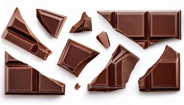 Broken chocolate bar pieces isolated on white background. Dark Chocolate chunks Top view. Flat lay. Pattern. Collection.