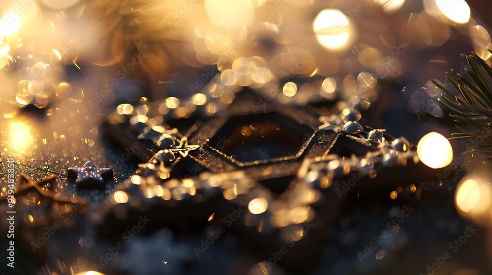 Poster closeup of a star of david symbol on a hanukkah card surrounded by festive decorations captured usin