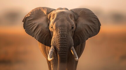 Obraz premium A large elephant is standing in a field with a brown background. The elephant has a very large ear and is looking directly at the camera. Concept of awe and wonder at the majestic animal