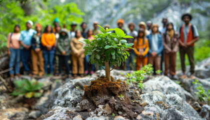 Obraz premium People planting trees in a forest for reforestation.
