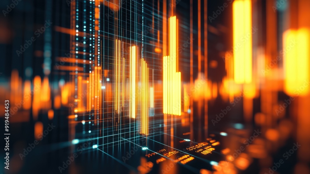 Poster an abstract representation of data visualization in vibrant colors, showcasing bars and lights to co