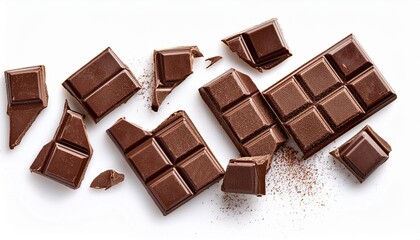 Chocolate pieces isolated on white. Broken Chocolate bar Top view. Flat lay.