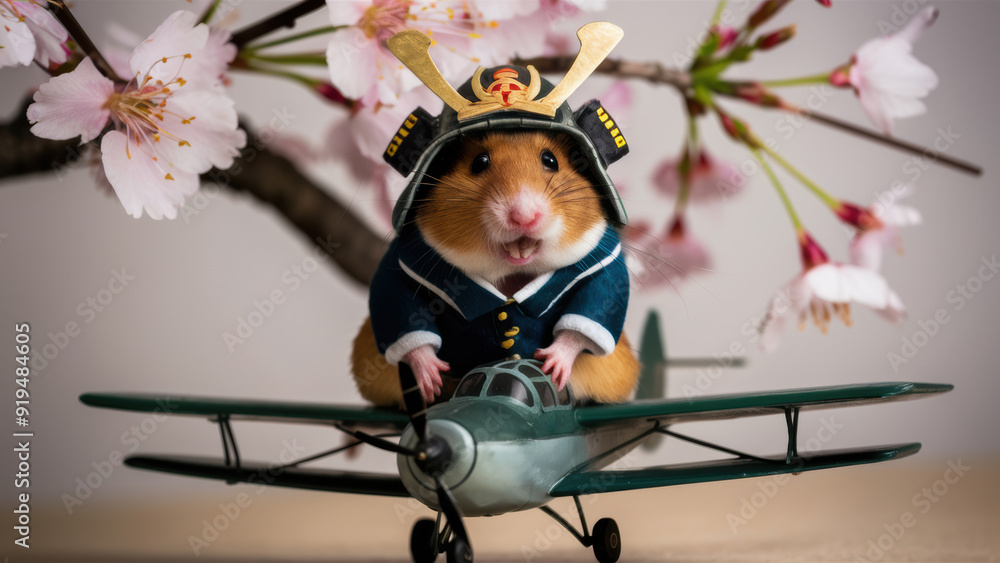 Poster A hamster dressed as a pilot on an airplane with flowers, AI