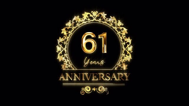 61st Anniversary Celebration. Happy 61 Years Anniversary Animation in Gold Color on the Transparent Background, Alpha Channel. Great for greetings, celebrations, events, and gifts.
