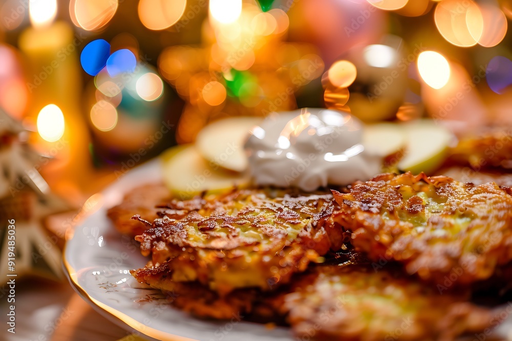 Poster closeup of plate of latkes applesauce sour cream surrounded hanukkah decorations captured using macr