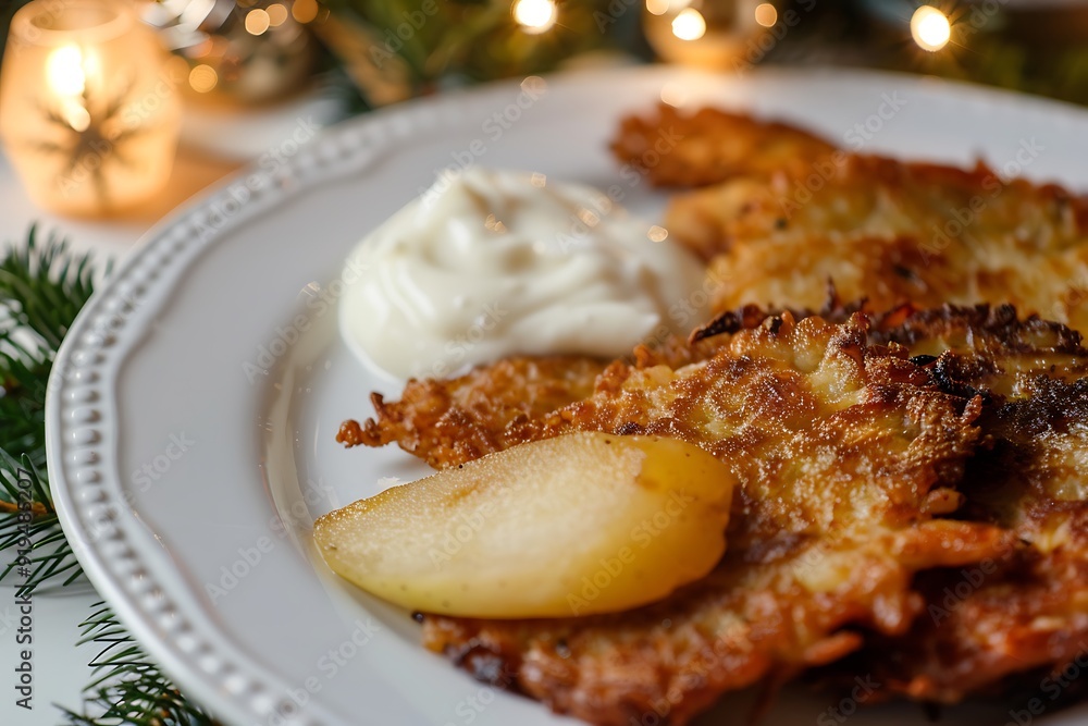 Poster closeup of plate of latkes applesauce sour cream surrounded hanukkah decorations captured using macr