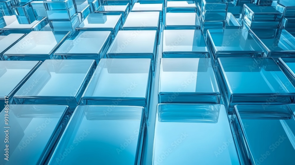 Poster blue surface with acrylic blocks. futuristic tech aesthetic with copy space. 3d rendering.