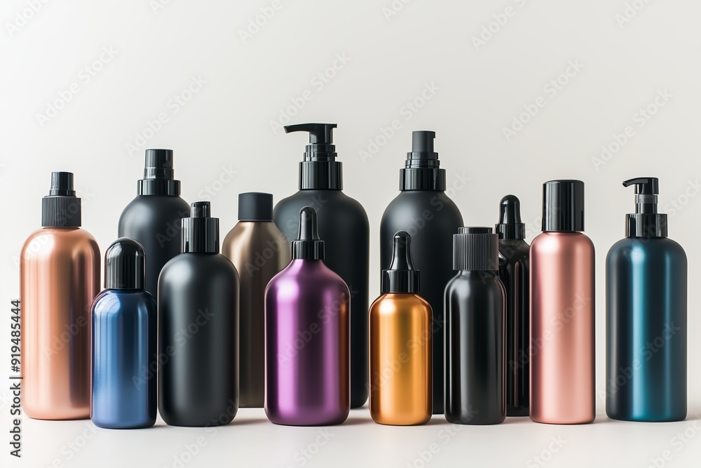 Poster a collection of stylish cosmetic bottles arranged neatly on a light background for product display