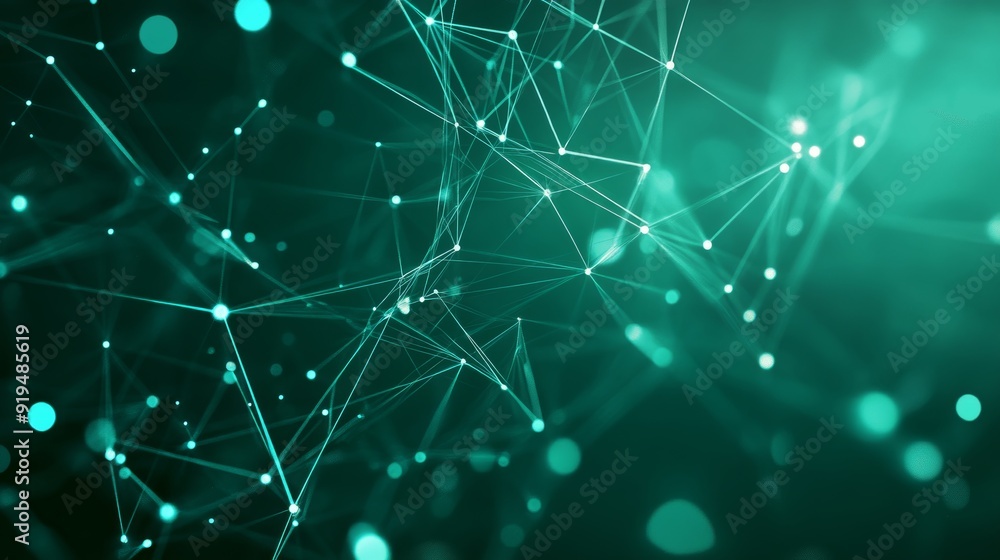 Poster Data visualization. Concept of network connectivity. Abstract green background with dots and lines. 3D rendering.
