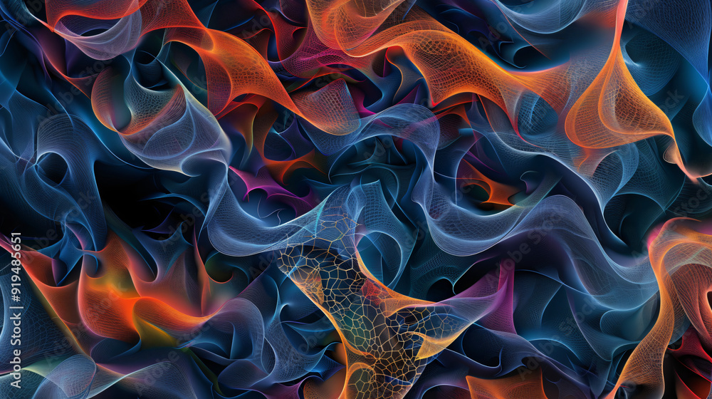 Poster Vibrant wavy pattern and grid on abstract background, ideal for technology and science-themed designs