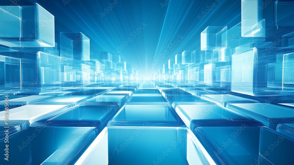 Poster decorative acrylic blocks on a blue surface. a futuristic tech aesthetic with copy space. 3d renderi