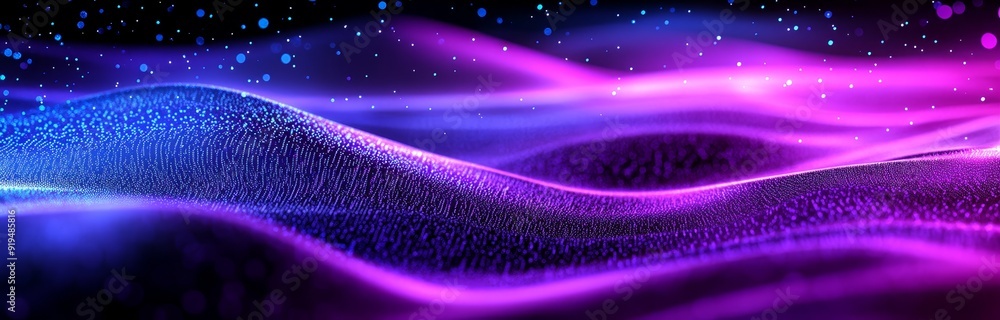 Poster information technology background, purple background with glowing particles. 3d rendering.