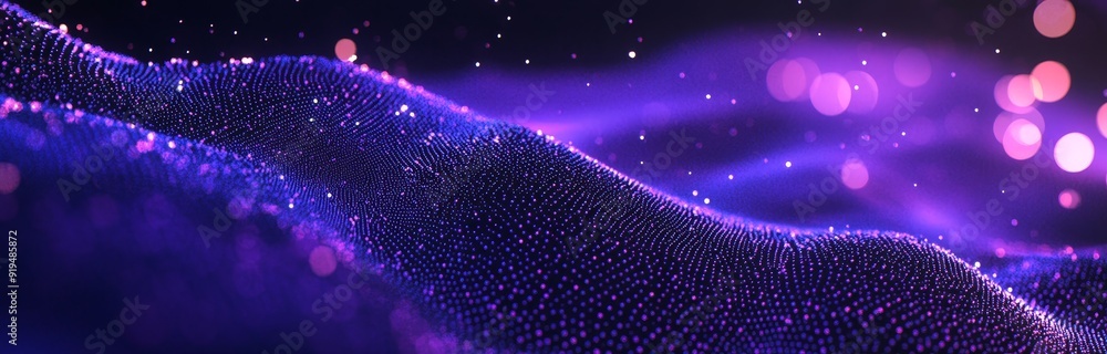 Poster in the background, a purple background has many glowing particles, reminiscent of a tech background.